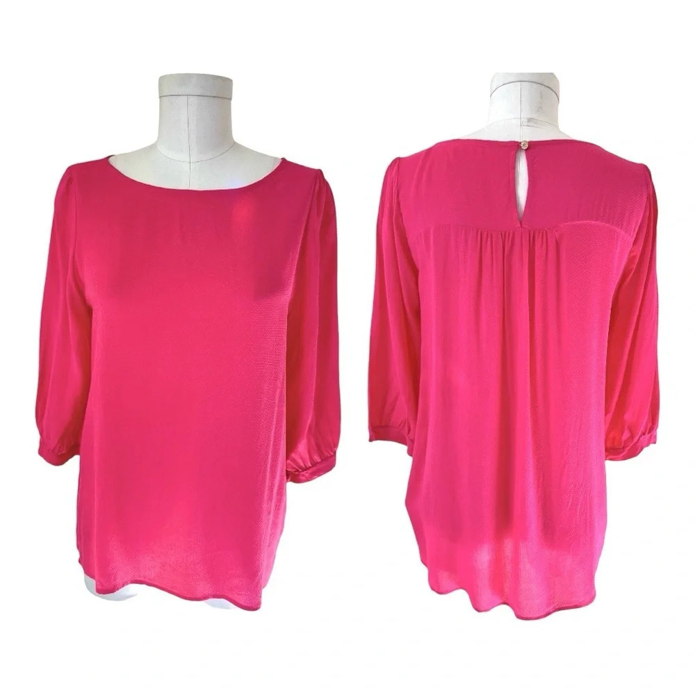 Everly -  3/4 ballon sleeve blouse in pink with gold button